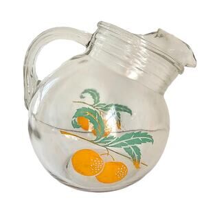Vintage Anchor Hocking Juice Pitcher Tilt Ball Oranges Leaves '50's Mid Century